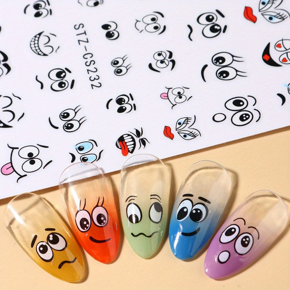 1 Sheet Cartoon Graffiti Style Nail Stickers, Kawaii Smile Face Decals, Funny Facial Expressions, DIY Manicure Design, Matte Finish, Irregular Shapes, Reusable, Plastic Surface, Glitter Accents, Self-Adhesive