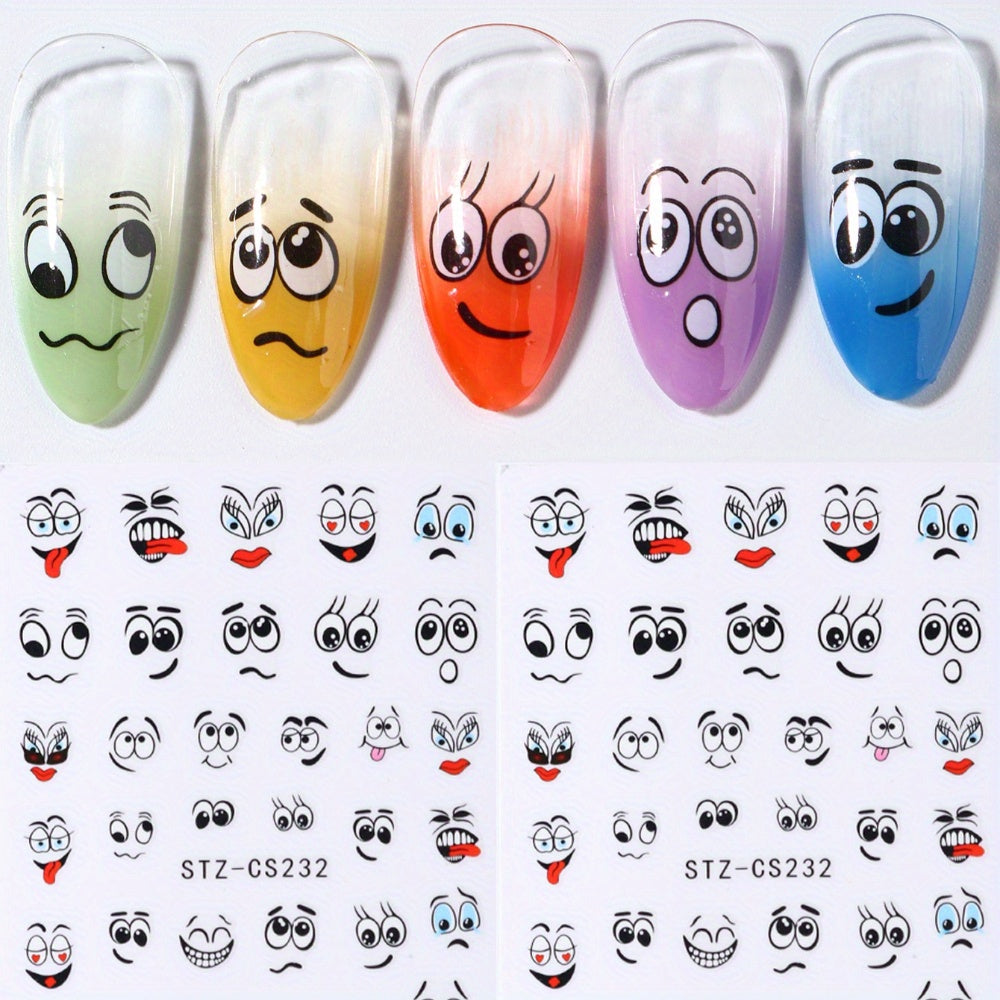 1 Sheet Cartoon Graffiti Style Nail Stickers, Kawaii Smile Face Decals, Funny Facial Expressions, DIY Manicure Design, Matte Finish, Irregular Shapes, Reusable, Plastic Surface, Glitter Accents, Self-Adhesive