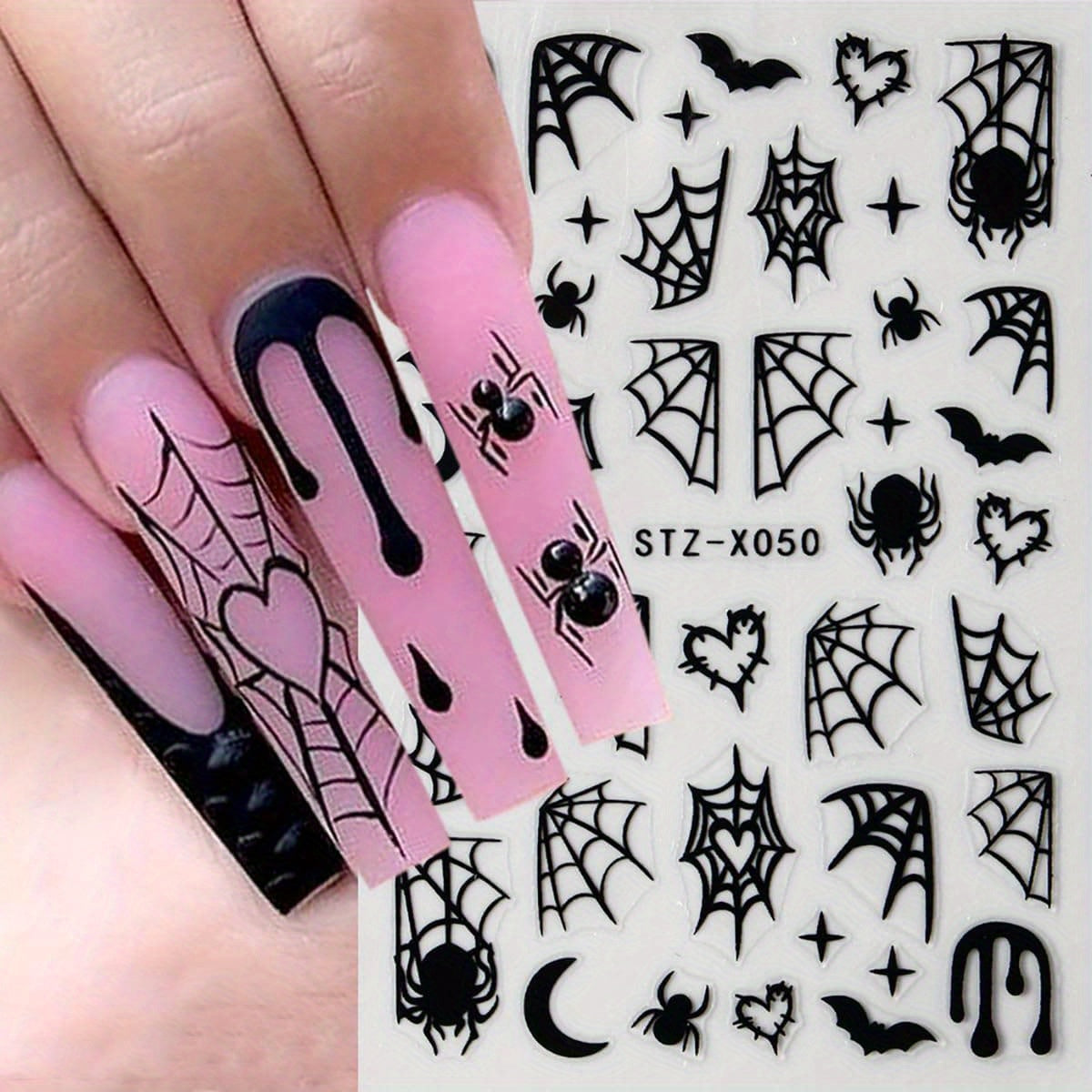 16 Sheets Spider Nail Art Stickers, Halloween Nail Decals 3D Self-Adhesive Black White Spider Web and Spider Design Nail Sticker Halloween Acrylic Nail Art Decoration for Women Holiday Nail Charm