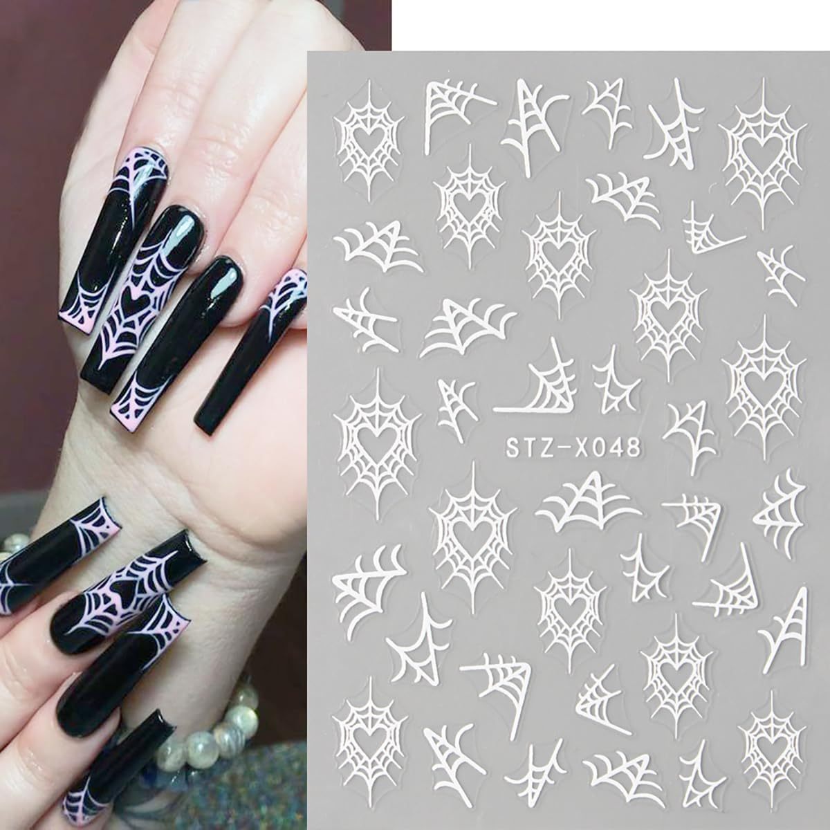 16 Sheets Spider Nail Art Stickers, Halloween Nail Decals 3D Self-Adhesive Black White Spider Web and Spider Design Nail Sticker Halloween Acrylic Nail Art Decoration for Women Holiday Nail Charm