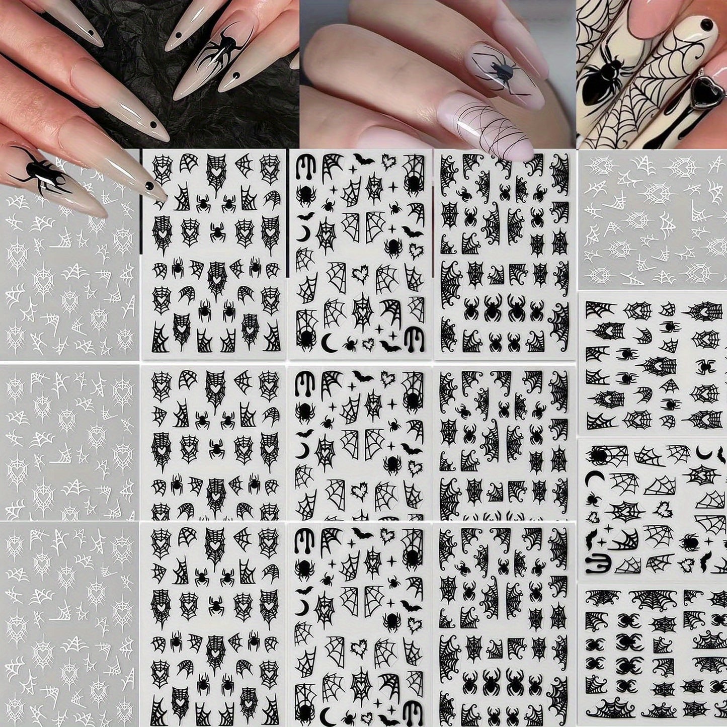 16 Sheets Spider Nail Art Stickers, Halloween Nail Decals 3D Self-Adhesive Black White Spider Web and Spider Design Nail Sticker Halloween Acrylic Nail Art Decoration for Women Holiday Nail Charm