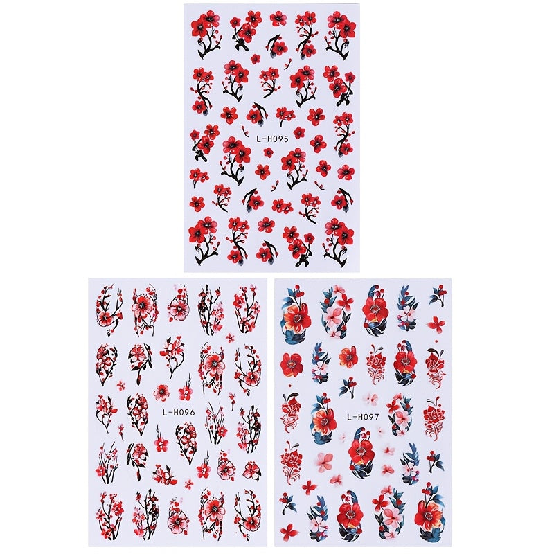 3 Sheets Floral Nail Art Stickers, Red Flowers and Leaves Self-Adhesive Nail Decals, Suitable for DIY Nail Decoration in Spring and Summer, Nail Art Supplies for Women and Girls