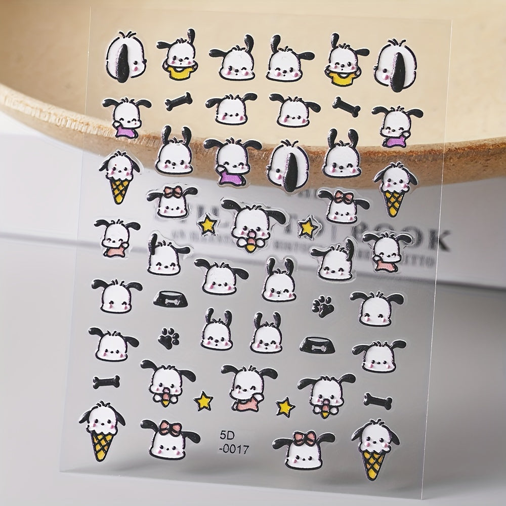 1 Cartoon Anime Themed 5D Embossed Pochacco Nail Art Decals, Self-Adhesive Plastic, Waterproof Fashion, Irregular Shape, Matte Finish, No Fragrance, Cute Kawaii Gift