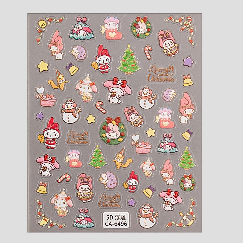 Sanrio HelloKitty, Cinnamoroll, Melody Christmas Nail Stickers - Cute Cartoon Nail Art Decals for Holiday Gifts, Self-Adhesive, Disposable, Mixed Colors, Sanrio