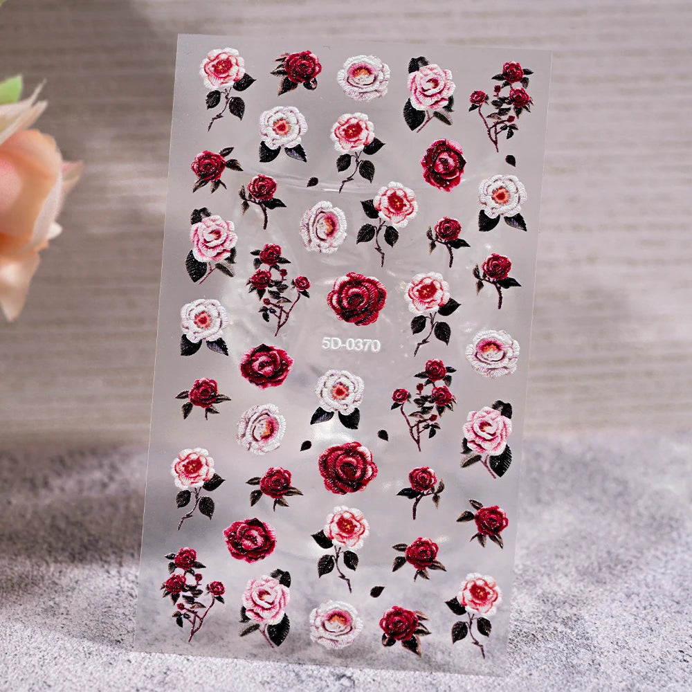 1Pc 5D Embossed Nail Stickers Valentine‘s Day Red Rose Flower Self-Adhesive Sliders Decals Simple Ladies Manicure Decor Foils *&