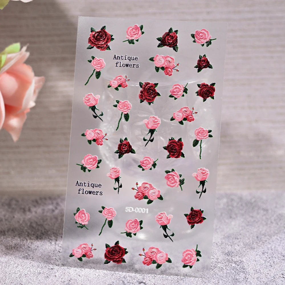 1Pc 5D Embossed Nail Stickers Valentine‘s Day Red Rose Flower Self-Adhesive Sliders Decals Simple Ladies Manicure Decor Foils *&