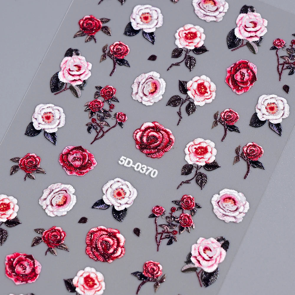 1Pc 5D Embossed Nail Stickers Valentine‘s Day Red Rose Flower Self-Adhesive Sliders Decals Simple Ladies Manicure Decor Foils *&