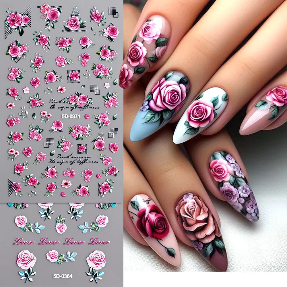 1Pc 5D Embossed Nail Stickers Valentine‘s Day Red Rose Flower Self-Adhesive Sliders Decals Simple Ladies Manicure Decor Foils *&