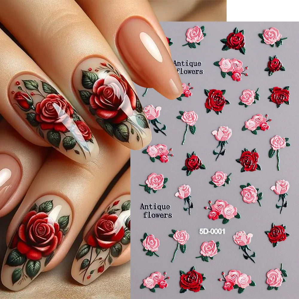 1Pc 5D Embossed Nail Stickers Valentine‘s Day Red Rose Flower Self-Adhesive Sliders Decals Simple Ladies Manicure Decor Foils *&