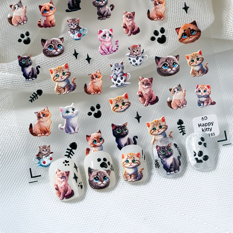 1 set of relief big eyed pet cat nail art stickers, blue cat, big eyed cat head, teacup cat, black cat, cat scratch, fish bone and other nail art materials, suitable for personal DIY use