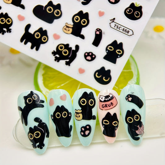 Adorable Cartoon Black Cat Nail Art Stickers Decals Set - Glittery Animal Theme with Irregular Shapes, Pre-Pasted Plastic Nail Embellishments, Shimmery Finish, Single Use - Perfect for DIY Manicure Decor