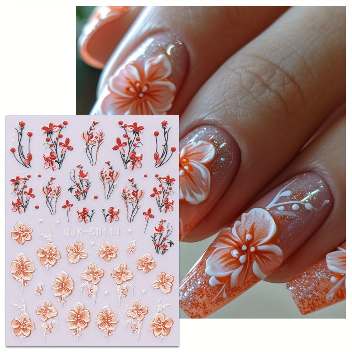 5 Sheets Spring and Summer Flower Relief French Nail Sticker Flower and Grass Nail Sticker 5D Relief Back Adhesive Nail Self Adhesive Decorative Accessories