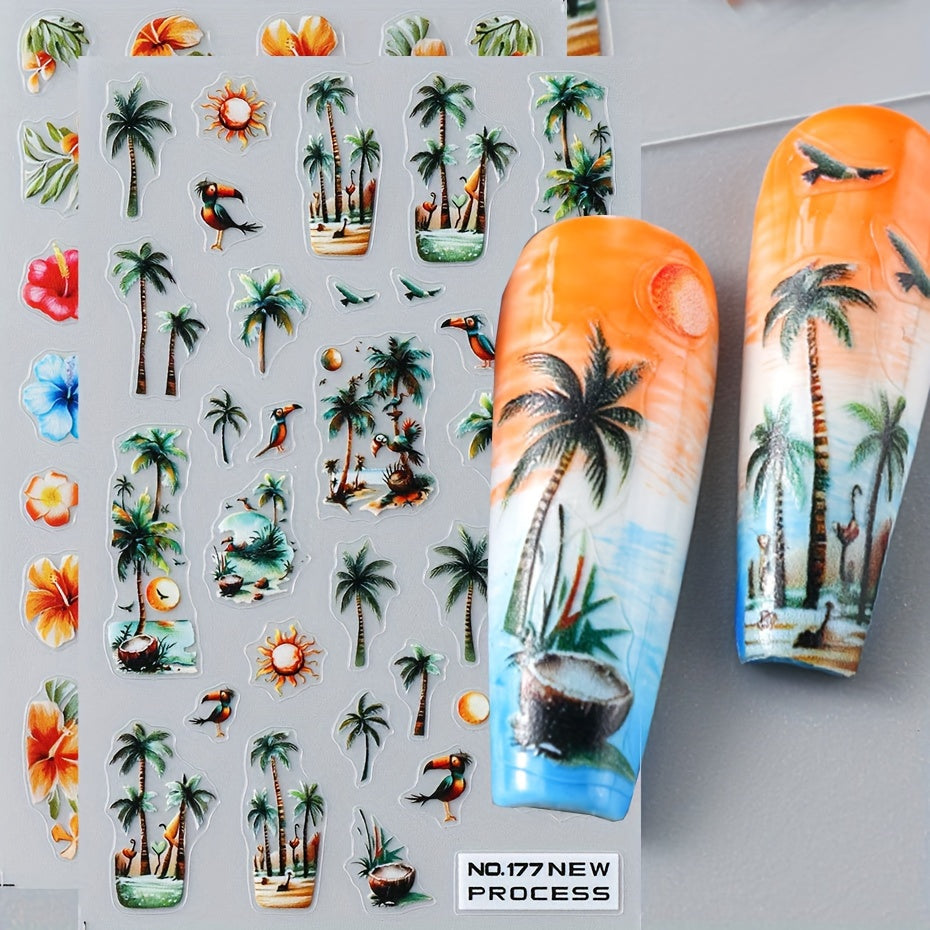 FULL BEAUTY Tropical Nail Art Stickers Decals - 2 Pcs 3D Self-Adhesive Palm Tree, Flamingo & Hibiscus Flower Designs, Glitter Finish Fantasy Embellishments for Manicure, Hypoallergenic Plastic Nail Sliders with Coconut Tree Patterns for Plastic Surfaces