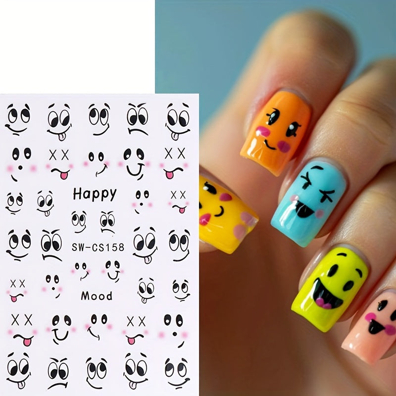 2pcs Whimsical Nail Art Stickers - Cute Cartoon Ants, Mosquitoes & Expressive Faces, Self-Adhesive DIY Decals in Black & White for Fun Manicures, Easy Apply, Single-Use, DIY Nail Art|Whimsical Nail Stickers|Singleuse Stickers, Nail Stickers for Nail Art