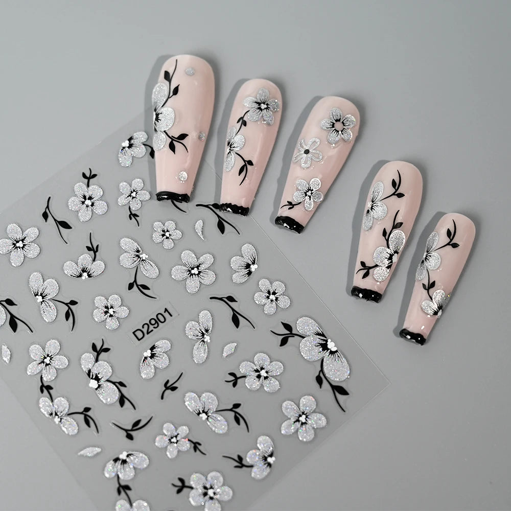 1pcs 5D Floral Nail Art Stickers Acrylic Flowers Decals with Glitter Self-Adhesive Elegant Silver Black Blossoms Theme Nail Art*