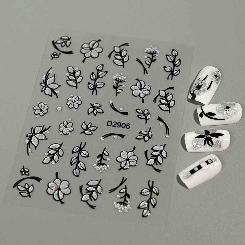 1pcs 5D Floral Nail Art Stickers Acrylic Flowers Decals with Glitter Self-Adhesive Elegant Silver Black Blossoms Theme Nail Art*