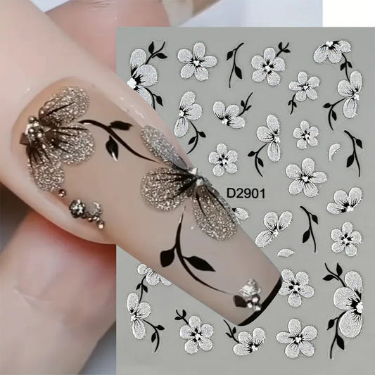 1pcs 5D Floral Nail Art Stickers Acrylic Flowers Decals with Glitter Self-Adhesive Elegant Silver Black Blossoms Theme Nail Art*