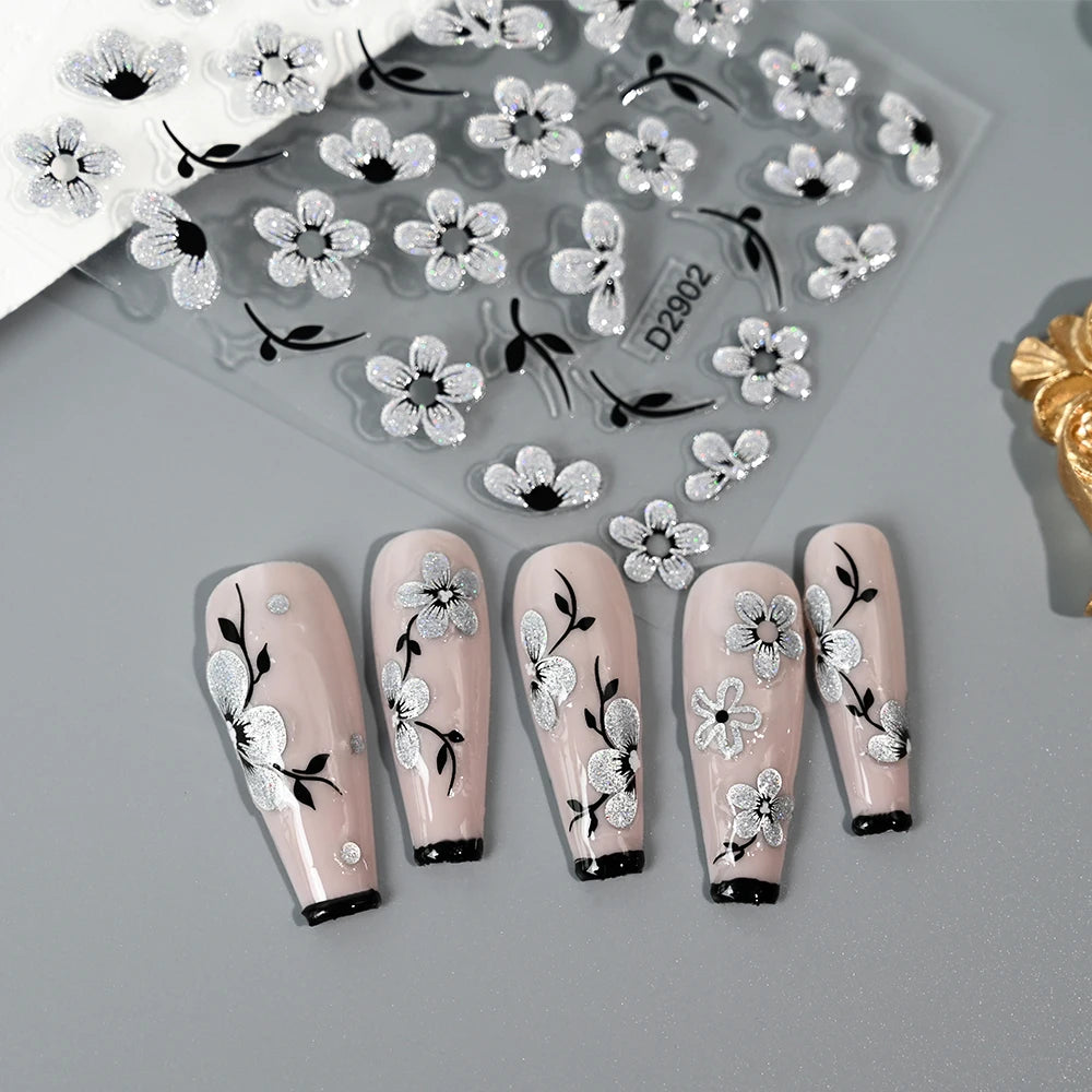 1pcs 5D Floral Nail Art Stickers Acrylic Flowers Decals with Glitter Self-Adhesive Elegant Silver Black Blossoms Theme Nail Art*