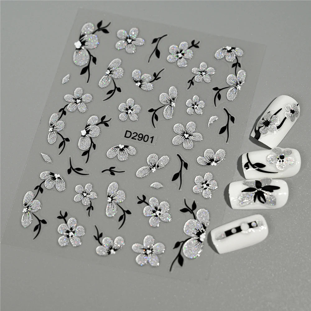 1pcs 5D Floral Nail Art Stickers Acrylic Flowers Decals with Glitter Self-Adhesive Elegant Silver Black Blossoms Theme Nail Art*