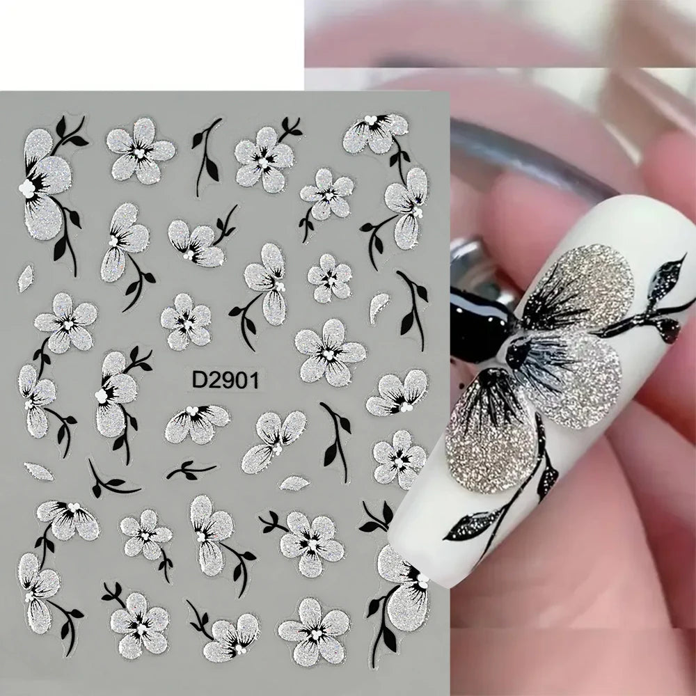 1pcs 5D Floral Nail Art Stickers Acrylic Flowers Decals with Glitter Self-Adhesive Elegant Silver Black Blossoms Theme Nail Art*