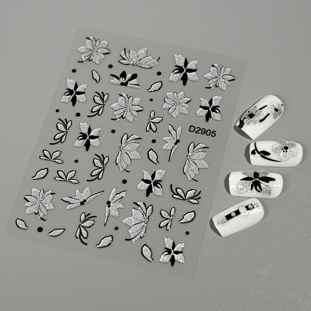 1pcs 5D Floral Nail Art Stickers Acrylic Flowers Decals with Glitter Self-Adhesive Elegant Silver Black Blossoms Theme Nail Art*