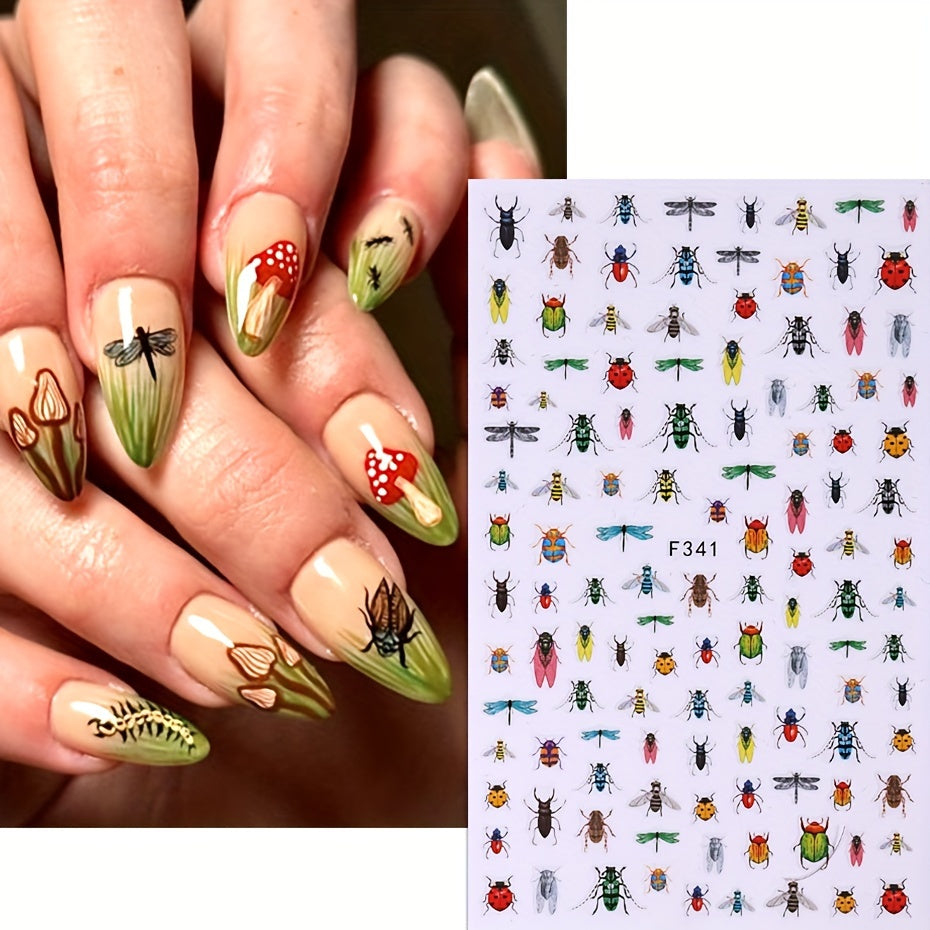 Insect-Themed Nail Art Decals, Set of 2 Sheets, Animal Print Pattern, Plastic Self-Adhesive Embellishments with Glitter, Glossy Finish, Single Use, for Plastic Surfaces, F341