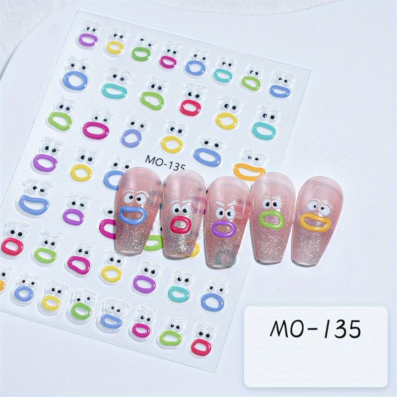 1pc Kawaii Cartoon Expression Nail Art Sticker, Fun Jelly Waterproof Peelable Nail Decal, Ugly Cute Mouth Monster Handbook Sticker Three-dimensional Jelly Embossed Nail Art Sticker