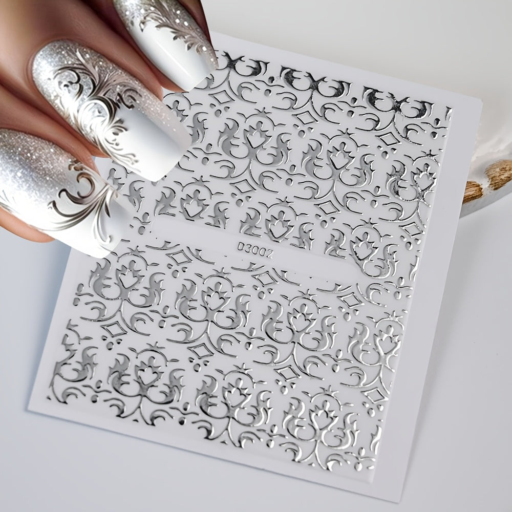 30 Sheets European Style Flower Embossed 3D Nail Art Stickers & Decals, Self-Adhesive Silvery Lace Foral Vine Relief Design Nail Art Stickers, Irregular Geometric Shapes Glitter Embellishment, Spring Flower Nail Art Decorations for Women And Girls