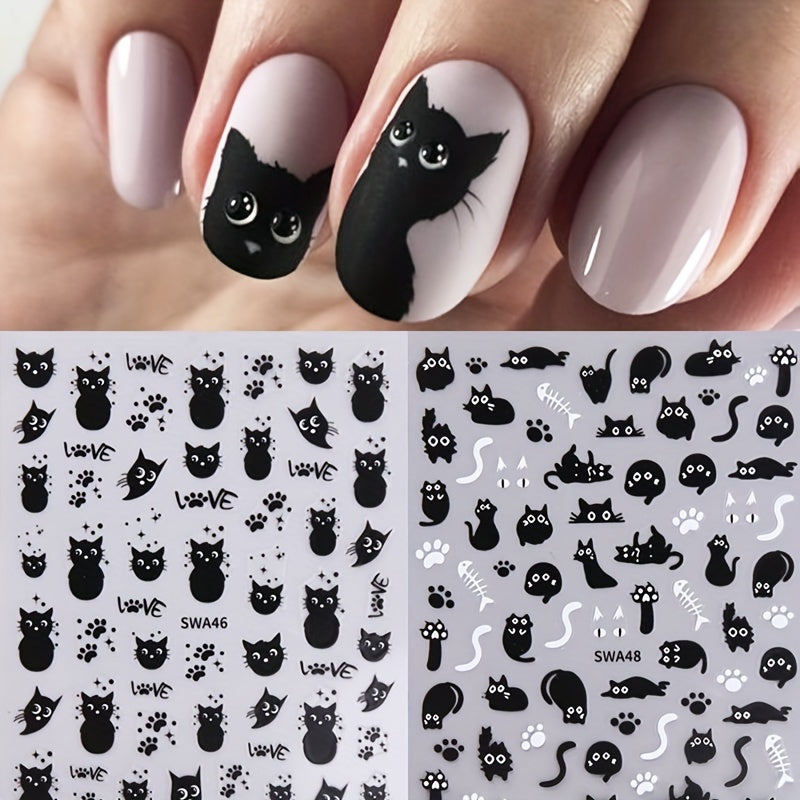 2-Pack Black Cat Nail Art Stickers, Halloween Cartoon Animal Self-Adhesive Decals, DIY Nail Salon Art Decorations, Plastic Unscented Shimmery Finish, Animal Print with Glitter, Single Use for Women