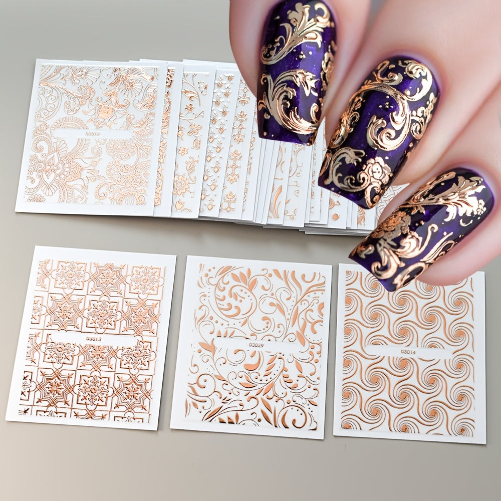 30 Sheets European Style Flower Embossed 3D Nail Art Stickers & Decals, Self-Adhesive Lace Foral Vine Relief Design Nail Art Stickers, Irregular Geometric Shapes Glitter Embellishment, Spring and Summer Flower Nail Art Decorations for Women And Girls