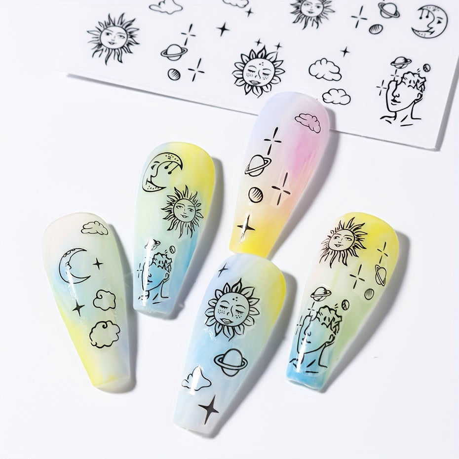 FULL BEAUTY Cartoon Animal Nail Art Stickers - Kawaii Dinosaur & Japanese Style Sun Face Decals, Maple Leaf Manicure Decor, Hypoallergenic Plastic Self-Adhesive Embroidered Single Use Embellishments with Shimmery Finish for Plastic Surfaces