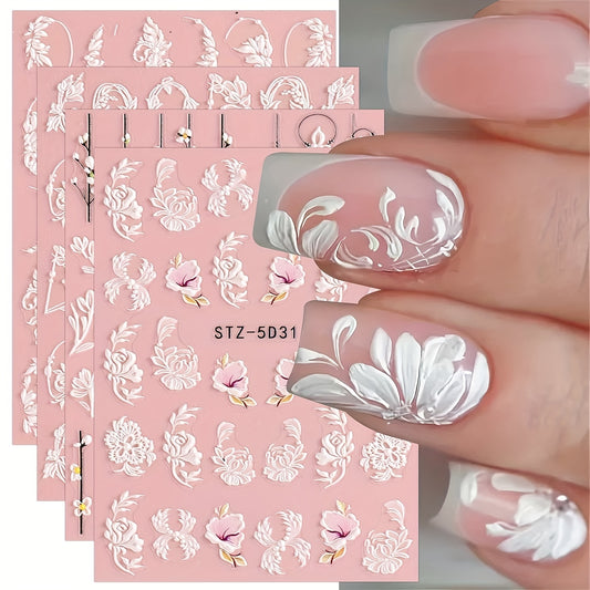 4 Pack 5D Embossed Flower Nail Art Decals, Vinyl Self-Adhesive Rose Appliques for Nails, 3D Acrylic Floral Manicure Embellishments, Glossy Plant Themed Nail Embroidery Decor, Formaldehyde-Free