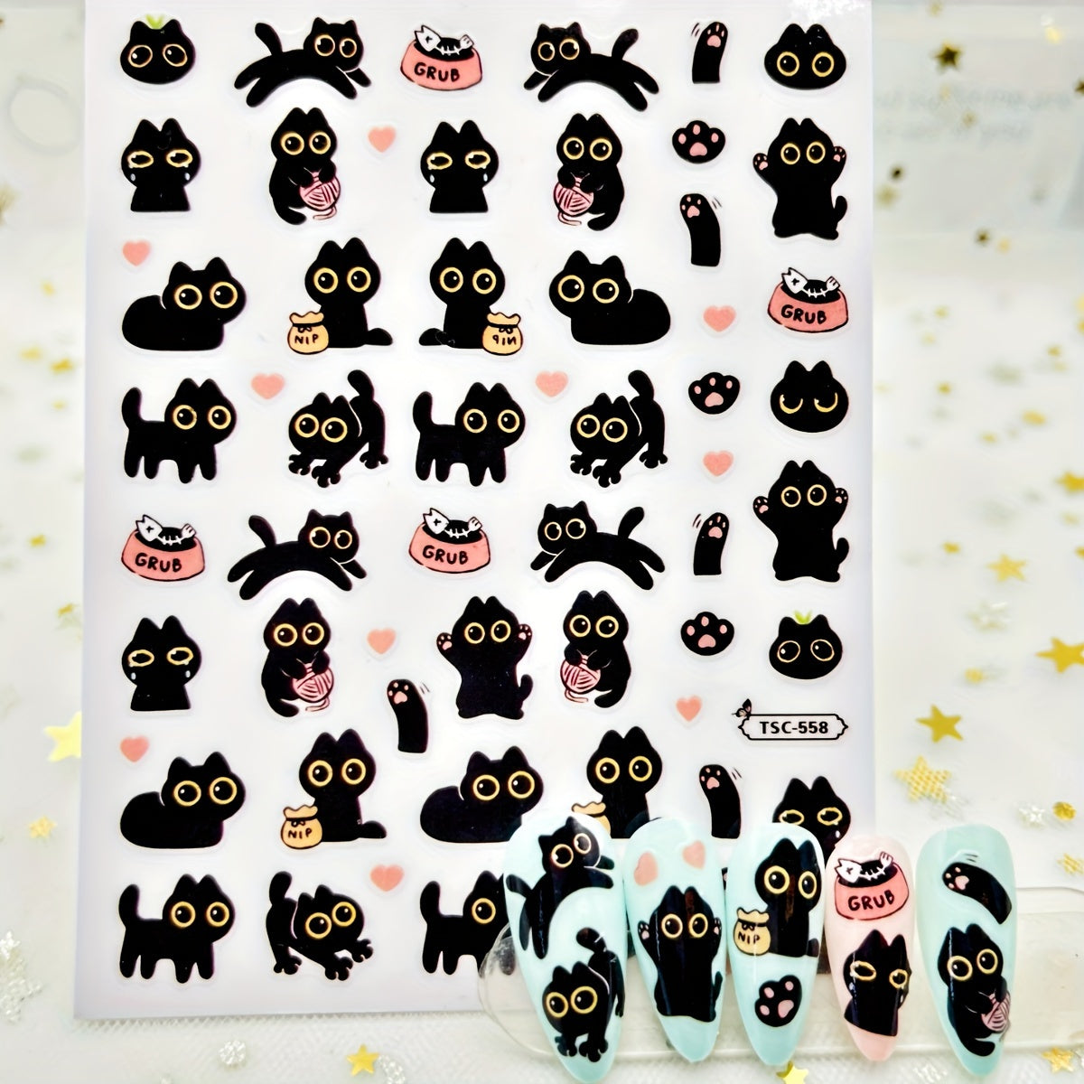 Adorable Cartoon Black Cat Nail Art Stickers Decals Set - Glittery Animal Theme with Irregular Shapes, Pre-Pasted Plastic Nail Embellishments, Shimmery Finish, Single Use - Perfect for DIY Manicure Decor