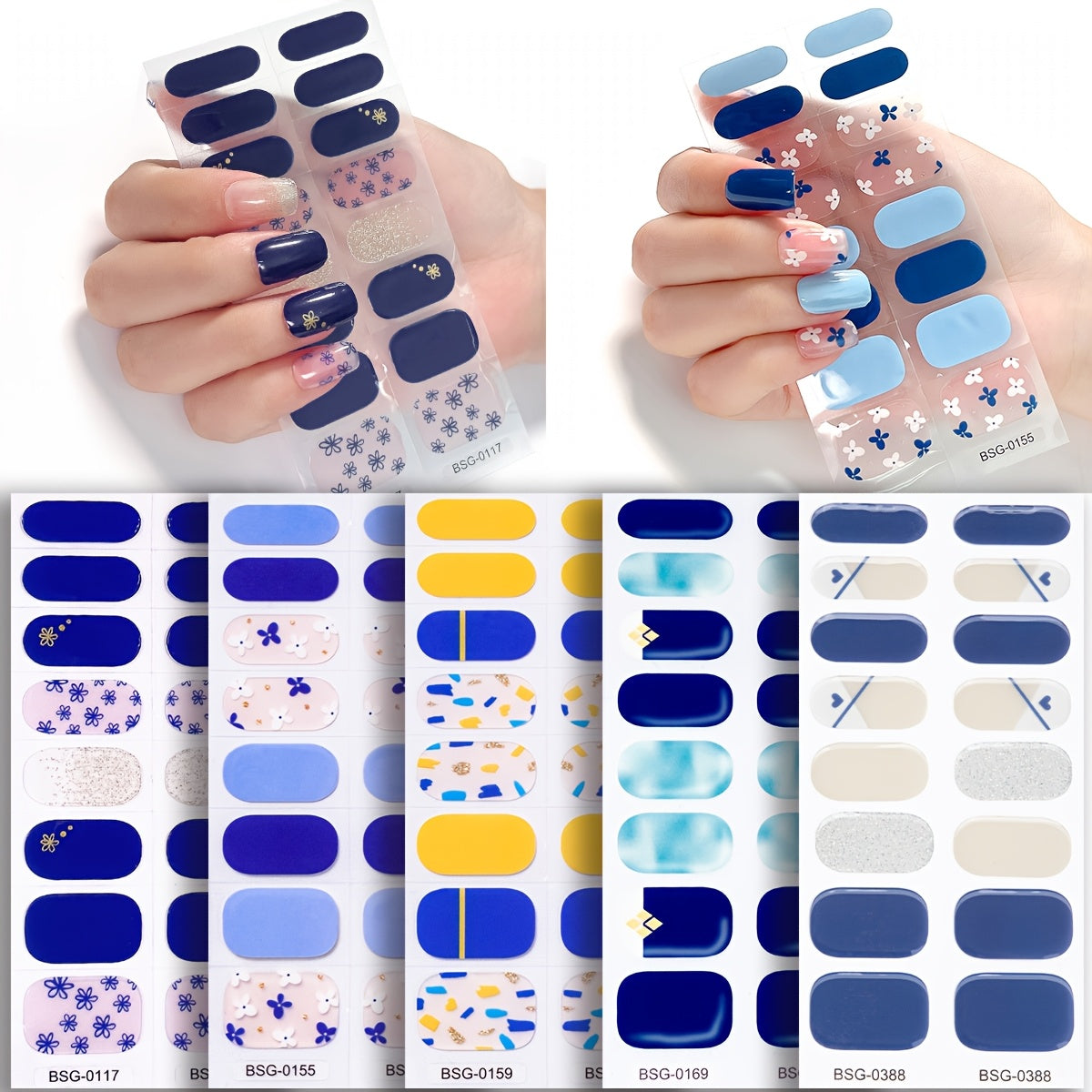 80pcs Spring & Summer Gel Nail Stickers - Blue & Yellow Floral Gradient Designs, Full Coverage Self-Adhesive Nail Wraps, Alcohol-Free, Easy to Apply, Disposable Manicure Decals with Snowflakes, Stars & Geometric Patterns, Nail Art Stickers