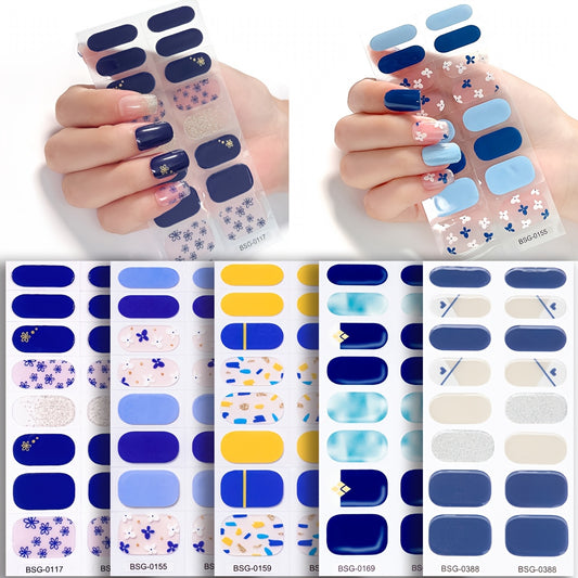 80pcs Spring & Summer Gel Nail Stickers - Blue & Yellow Floral Gradient Designs, Full Coverage Self-Adhesive Nail Wraps, Alcohol-Free, Easy to Apply, Disposable Manicure Decals with Snowflakes, Stars & Geometric Patterns, Nail Art Stickers