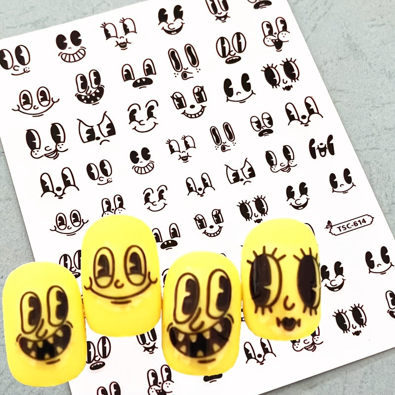 1 Sheet Black Cartoon Expression Nail Stickers, Self-Adhesive Plastic Nail Art Decals, Fantasy Themed Shimmery Finish, Rectangle Shape, Single Use, Glitter Embellishment, Unscented - DIY Manicure Decor