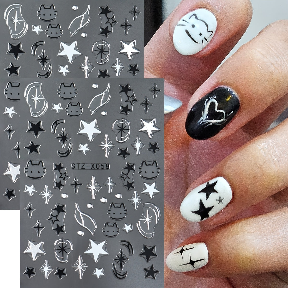 1 Set Y2K-Inspired Cartoon Cat & Star Nail Art Stickers - Black & White Japanese Style Starburst Decals, Self-Adhesive Plastic Nail Charms, Shimmery Glitter Finish, Single Use Fantasy Themed Nail Decorations with Animal Print