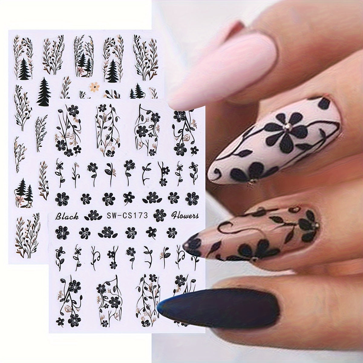 Floral Nail Art Stickers Decals Set of 2 Sheets, Fantasy Flowers Self-Adhesive Nail Embellishments, Glossy Finish, Unscented Plastic with Embroidered Accent, Single Use - SW-CS173/174/175/176