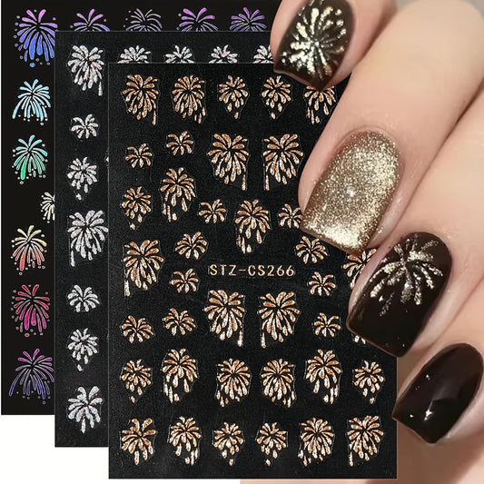 3 Sheet 3D Glitter Firework Design Nail Art Stickers, Self Adhesive New Year Nail Art Decals for Nail Art Decoration, Nail Art Supplies for Women And Girls