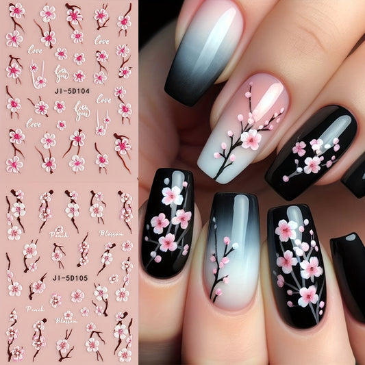 2PCS/Set Cherry Blossom Nail Art Stickers - 5D Embossed Floral Decals, Self-Adhesive Plastic Nail Designs, Glittery Shimmery Finish, Plant Theme Nail Decoration for DIY and Salon Use