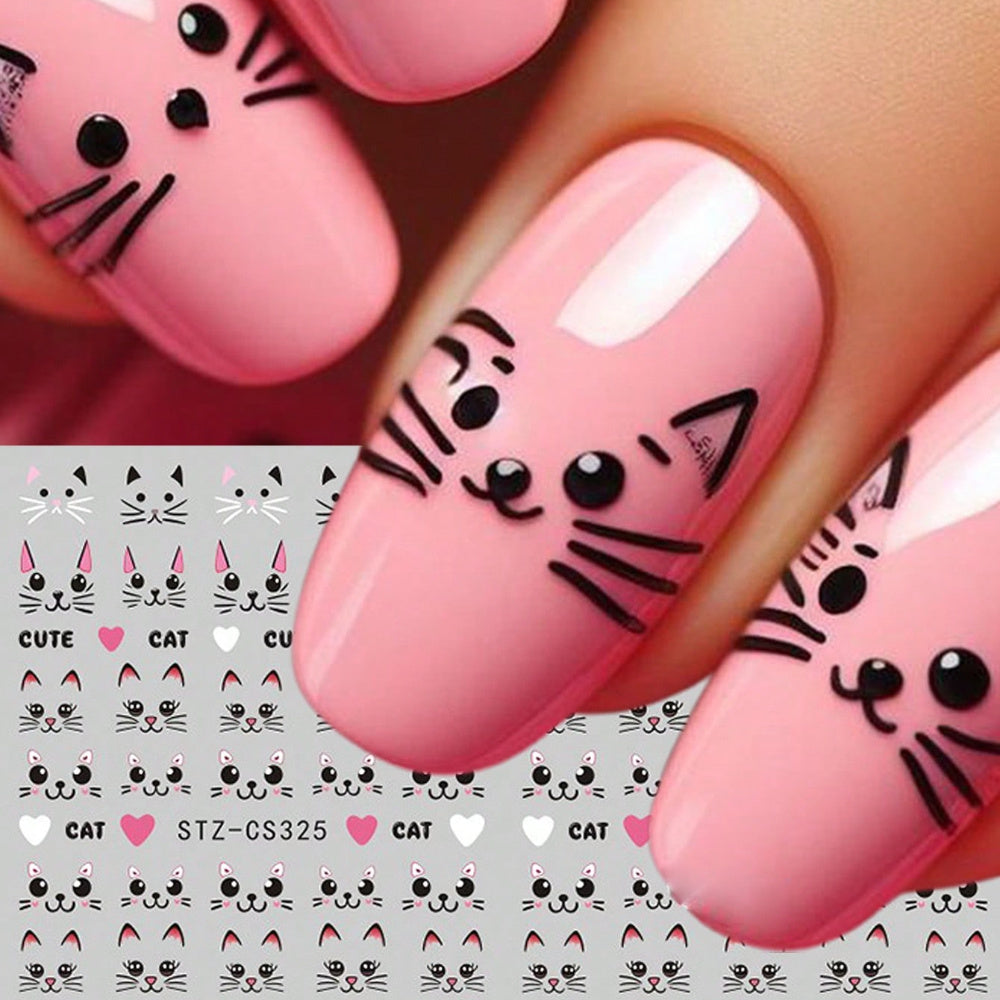 1Sheet Cartoon Cute Cat Nail Art Sticker Black Simple Pen Line Cat Cartoon Animal Pattern Nail Decal Nail Art Supplies DIY