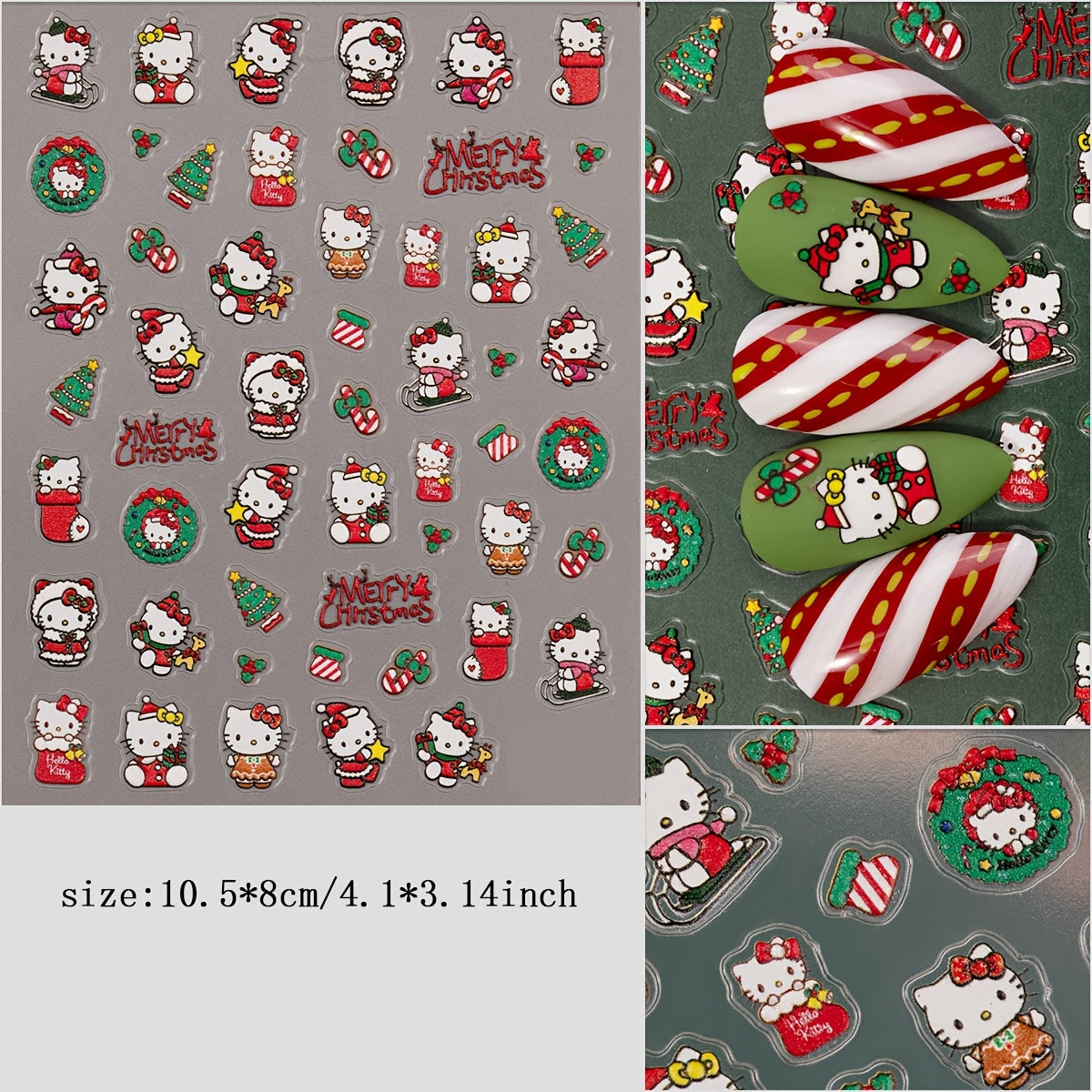 Sanrio HelloKitty, Cinnamoroll, Melody Christmas Nail Stickers - Cute Cartoon Nail Art Decals for Holiday Gifts, Self-Adhesive, Disposable, Mixed Colors, Sanrio