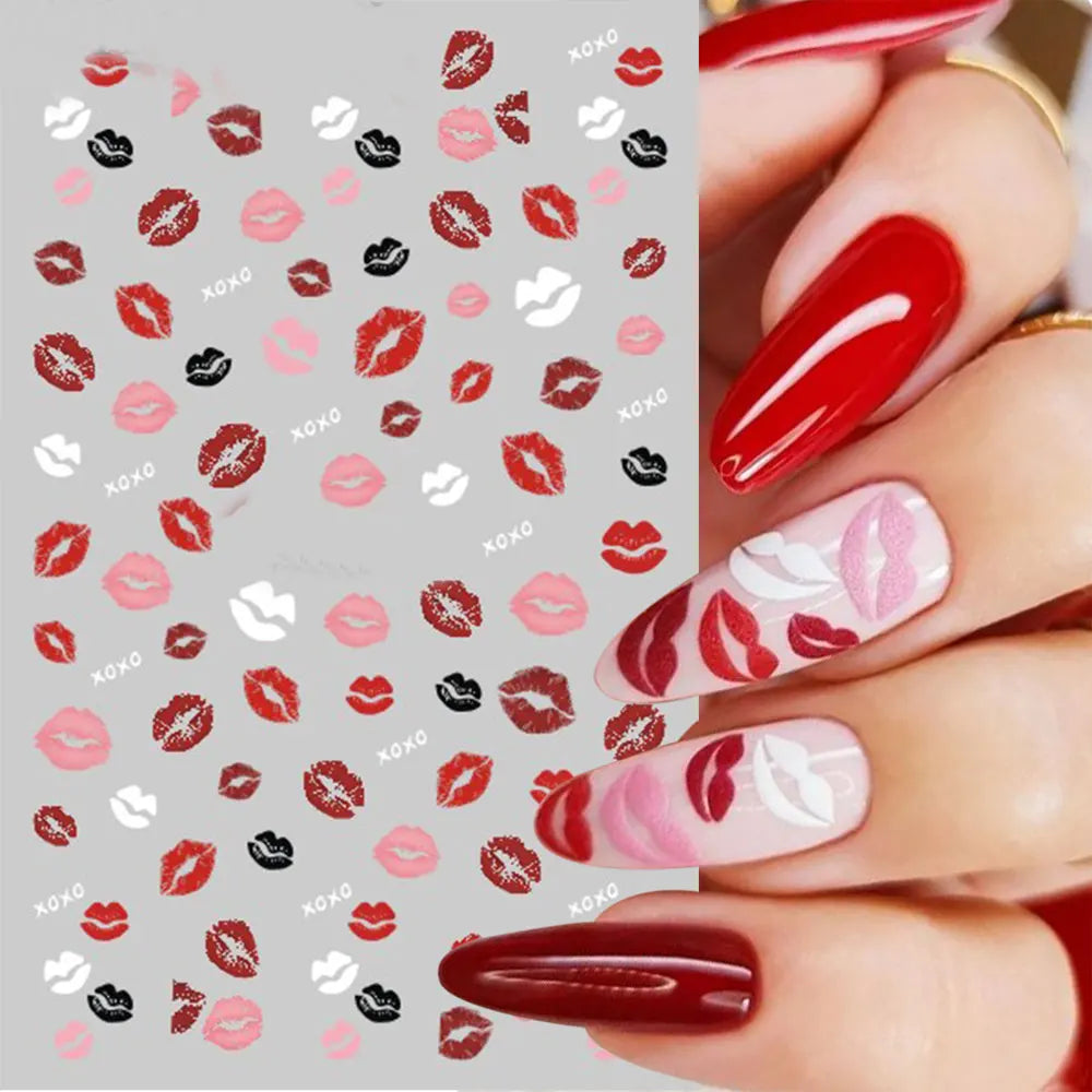 2pcs Valentine's Red Lips Nail Art Stickers Black White Lips Love Gift Nail Gel UV Stickers Cartoon 3D DIY Nail Art Decorations