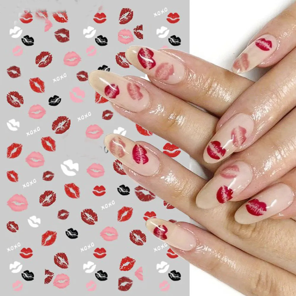 2pcs Valentine's Red Lips Nail Art Stickers Black White Lips Love Gift Nail Gel UV Stickers Cartoon 3D DIY Nail Art Decorations