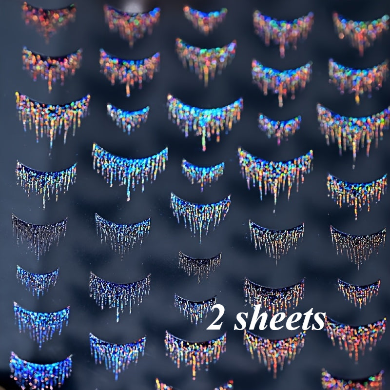 2 Sheets Aurora Gradient French Nail Stickers with Crown & Tassel Designs, Self-Adhesive Shiny Golden Foil Decals for Elegant Nail Art, Disposable PVC Waterfall Effect, Iridescent Blue & Green Gradient, Nail Art Stickers