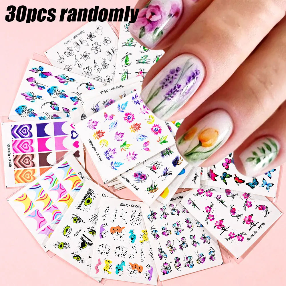 30pcs Mixed Water Transfer Nail Decals Flower/Leaves/Butterfly/French Nail Stickers 6.5*6cm Floral Water Nail Tattoo Stickers