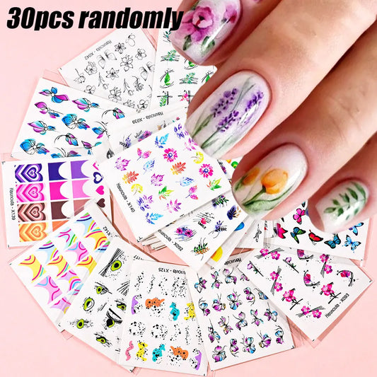 30pcs Mixed Water Transfer Nail Decals Flower/Leaves/Butterfly/French Nail Stickers 6.5*6cm Floral Water Nail Tattoo Stickers