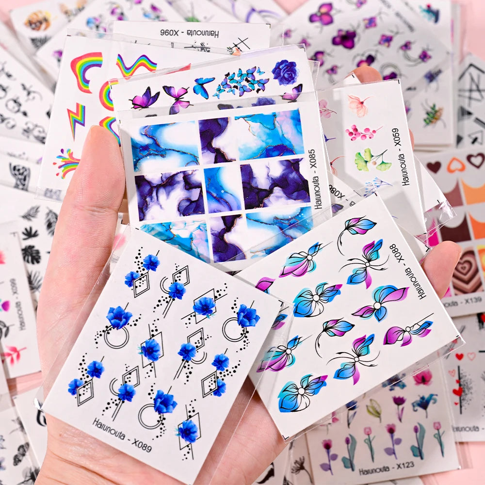 30pcs Mixed Water Transfer Nail Decals Flower/Leaves/Butterfly/French Nail Stickers 6.5*6cm Floral Water Nail Tattoo Stickers