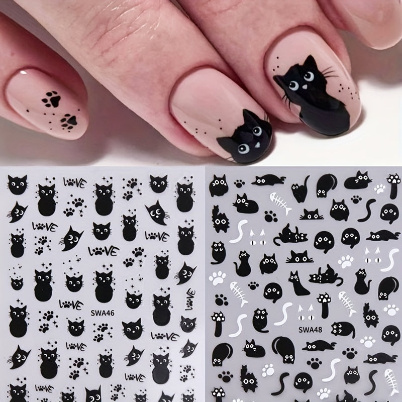 2-Pack Black Cat Nail Art Stickers, Halloween Cartoon Animal Self-Adhesive Decals, DIY Nail Salon Art Decorations, Plastic Unscented Shimmery Finish, Animal Print with Glitter, Single Use for Women