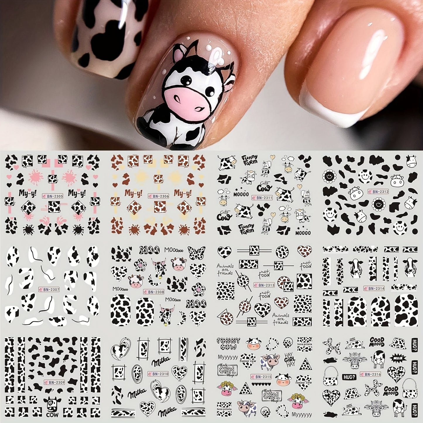 12pcs Adorable Cow Print Nail Art Stickers - Reusable, Sparkle Finish for DIY Manicure & Pedicure Decor